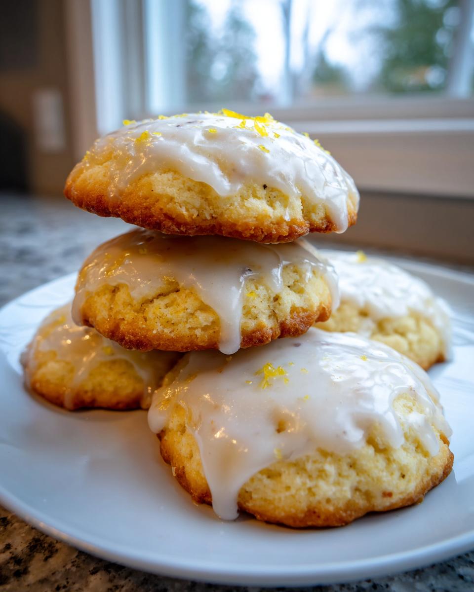 A stack of three soft, glazed lemon cookies topped with bright yellow lemon zest.