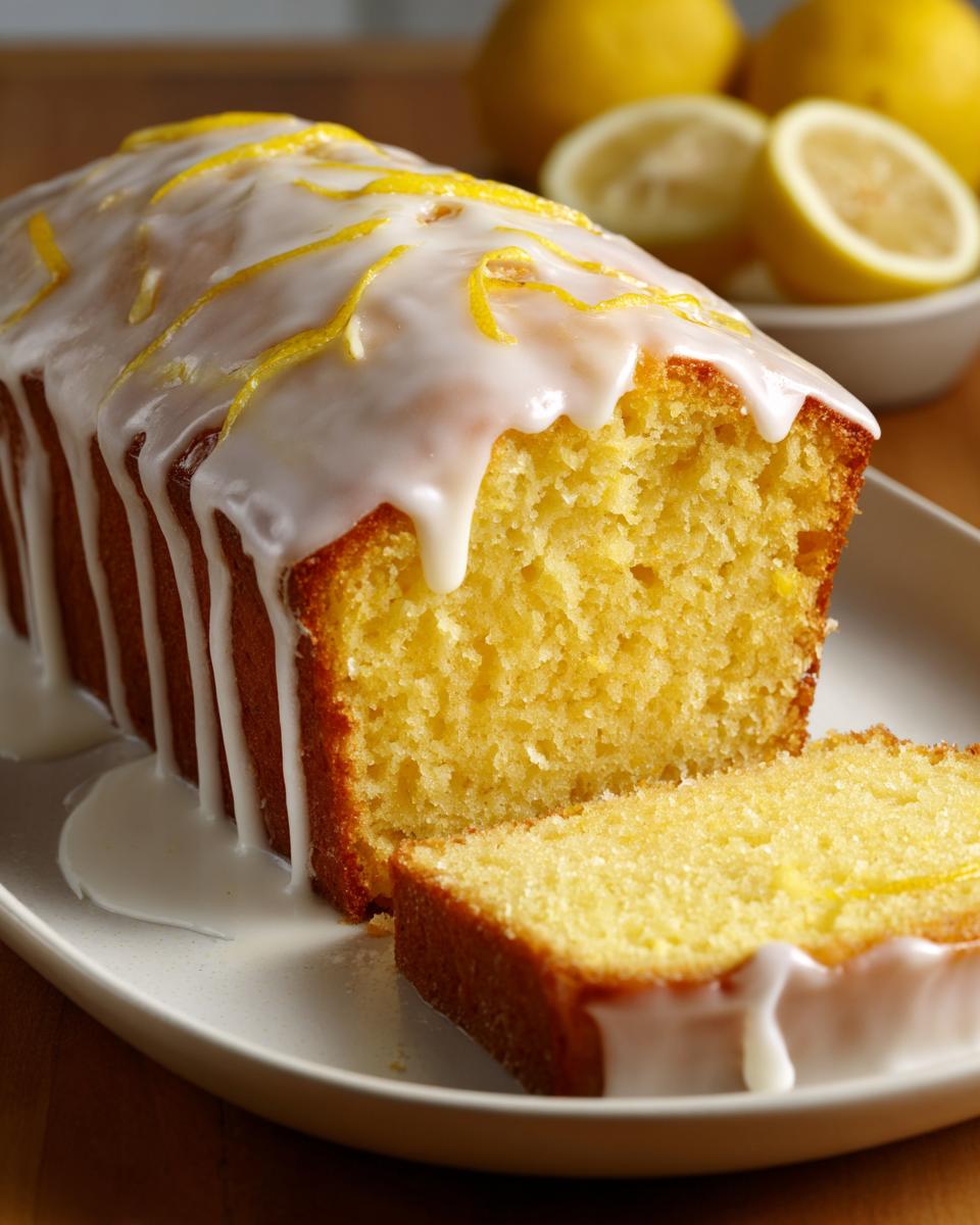 A moist, yellow lemon loaf cake, partially sliced, covered in white glaze and lemon zest.