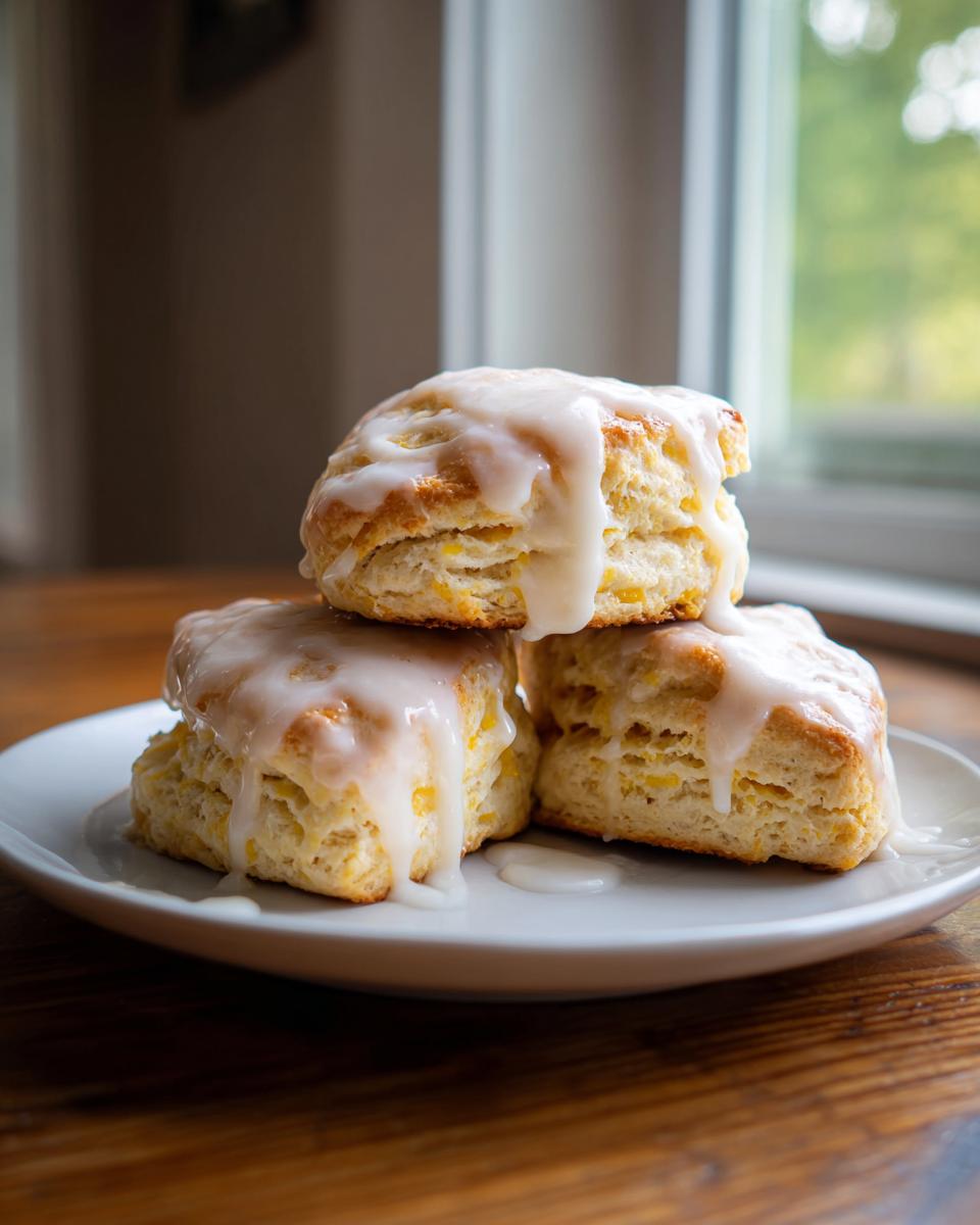 Three soft lemon scones stacked on a white plate, generously drizzled with a thick, white glaze.