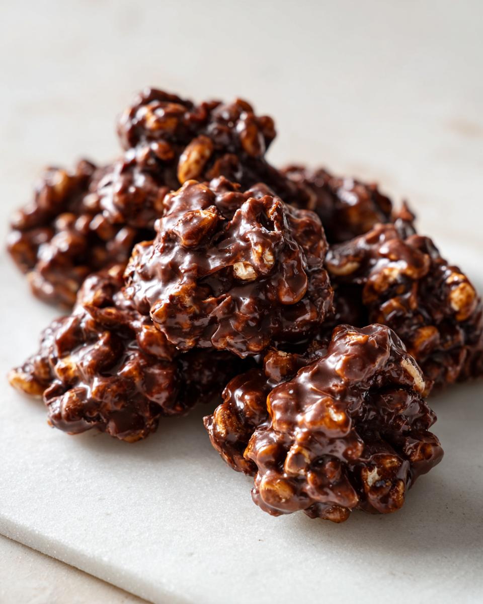 A close-up stack of rich, glossy crockpot peanut clusters coated in melted chocolate.