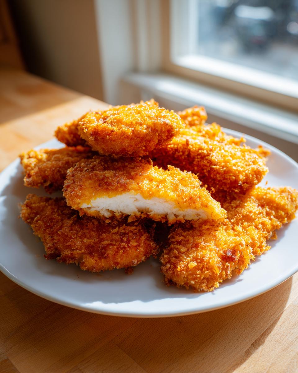 A stack of crispy, golden brown air fryer chicken tenders on a white plate, one cut in half showing the white interior.