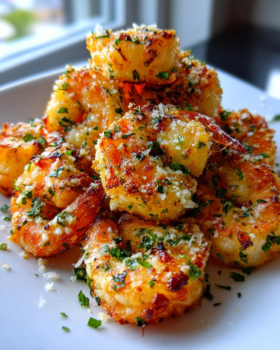Close-up of golden, crispy air fryer shrimp topped with grated Parmesan cheese and fresh parsley.