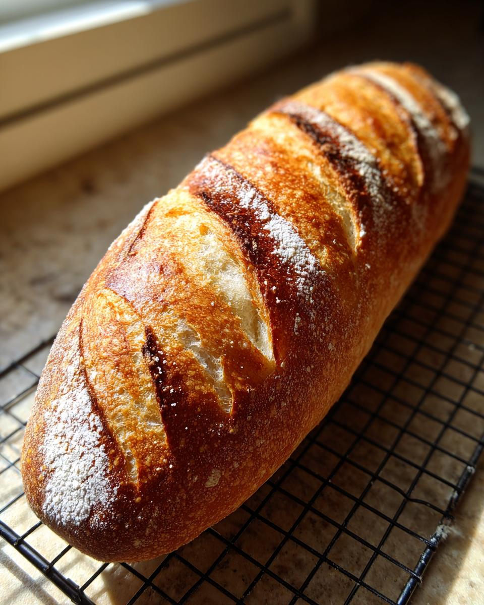 A freshly baked, golden brown french bread loaf with deep scoring and a dusting of flour, cooling on a black wire rack.