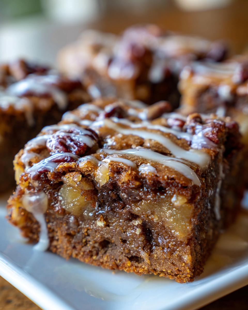 A close-up of a rich, moist apple brownies square topped with pecans and a white glaze drizzle.