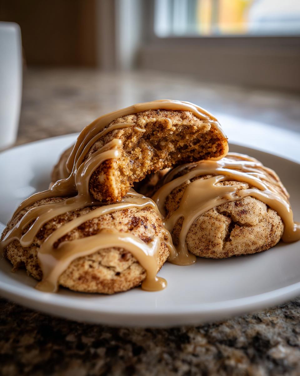 Close-up of gooey applesauce cookies drizzled with caramel icing, one cookie broken open to show the soft interior.