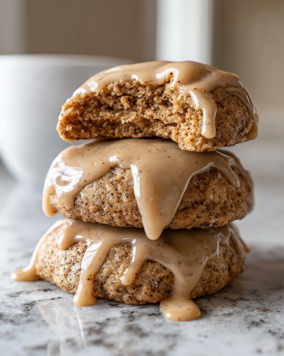 Three soft applesauce cookies stacked, drizzled generously with a thick, creamy brown butter glaze.