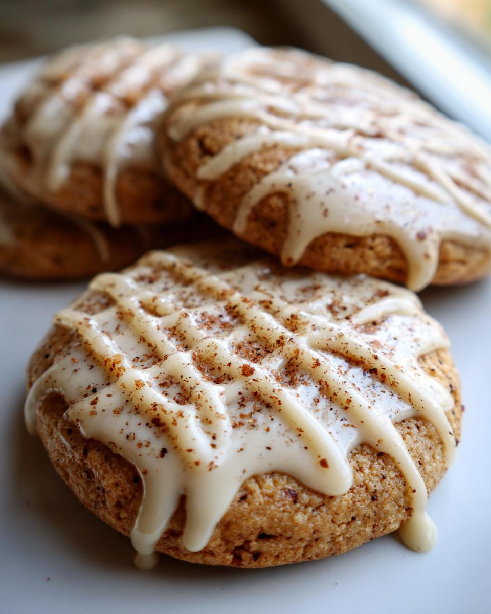 Close-up of gooey applesauce cookies topped with a thick white glaze and sprinkled with cinnamon or nutmeg.