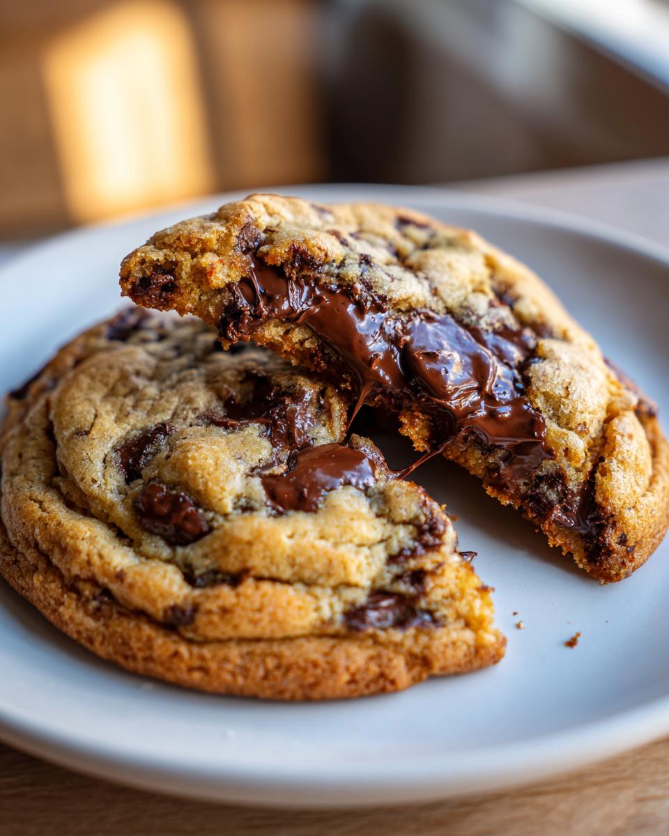 A fresh chocolate chip cookie broken in half revealing a molten, gooey chocolate center.