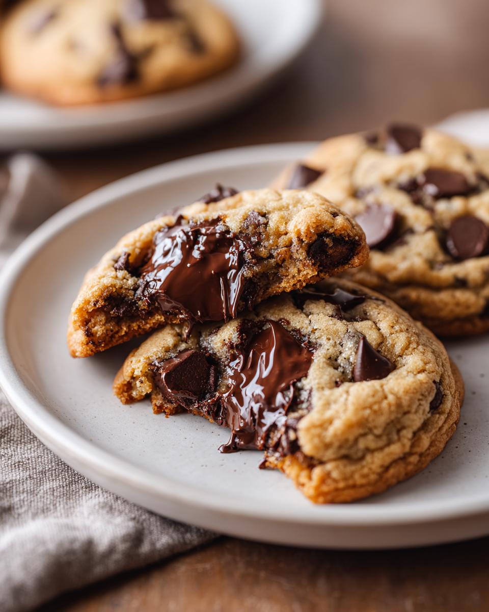 Close-up of a chocolate chip cookie broken in half showing melted, gooey chocolate filling.