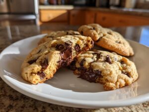 Close-up of freshly baked chocolate chip cookies with one broken open revealing gooey, melted chocolate.