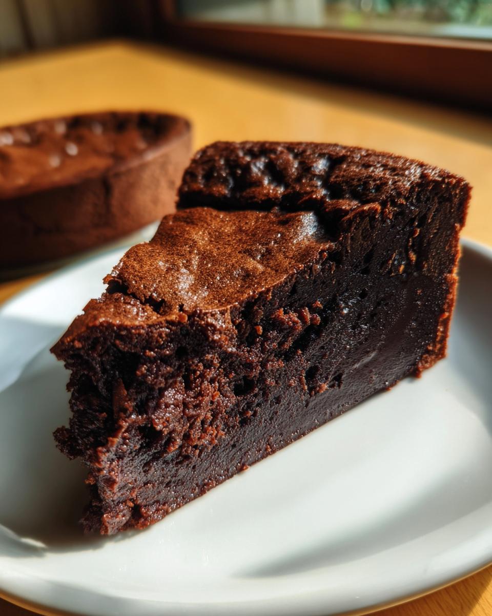 A rich, dark slice of amazing fudge pie with a dense, slightly cracked top, served on a white plate.
