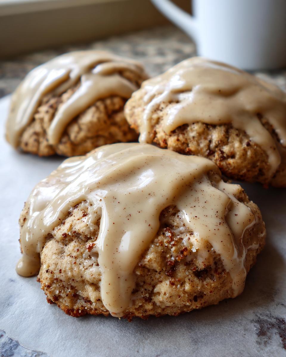 Three soft applesauce cookies topped with thick, creamy brown sugar glaze, ready to eat.
