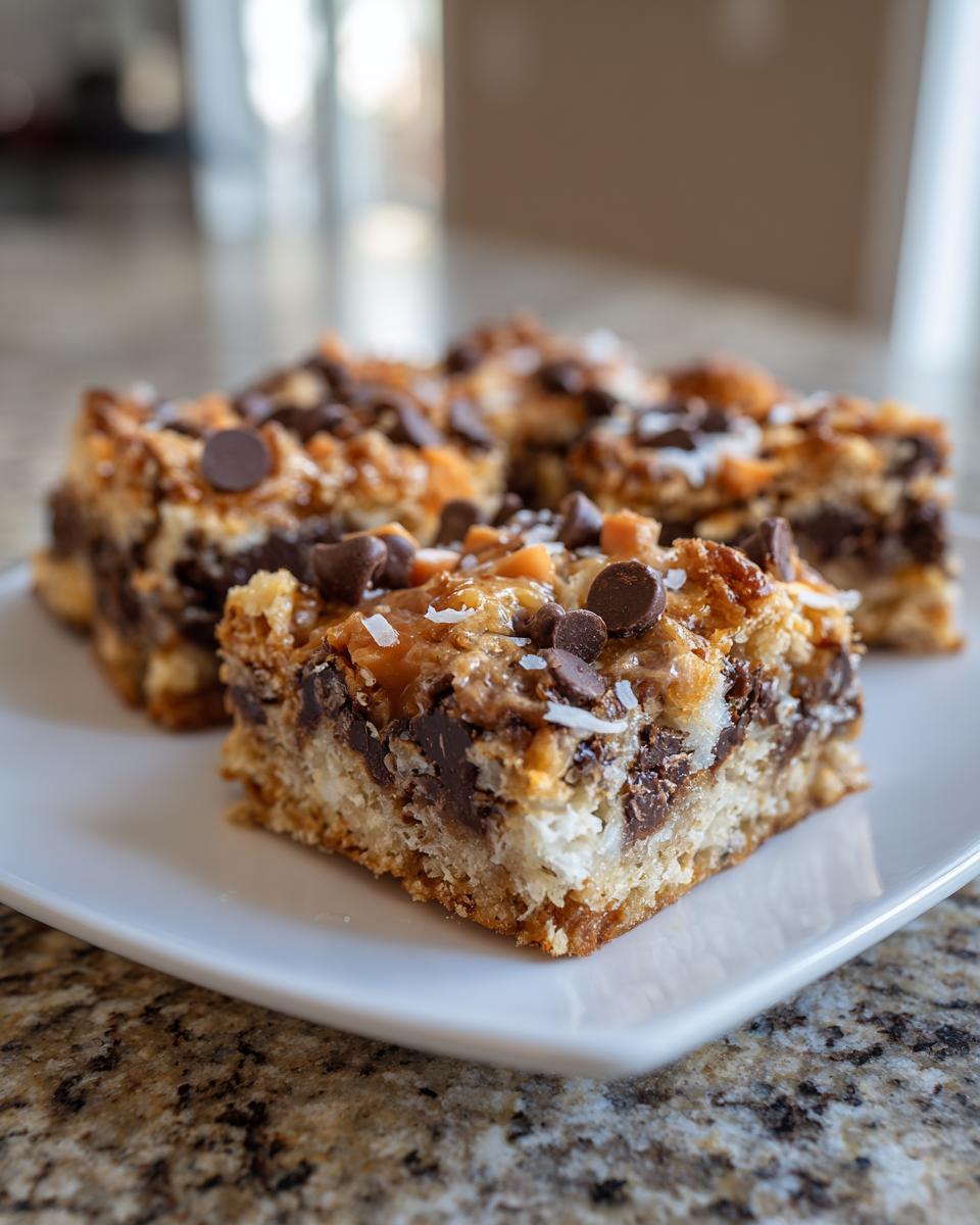 Close-up of a square portion of magic cookie bars showing layers of crust, chocolate, and coconut topping.