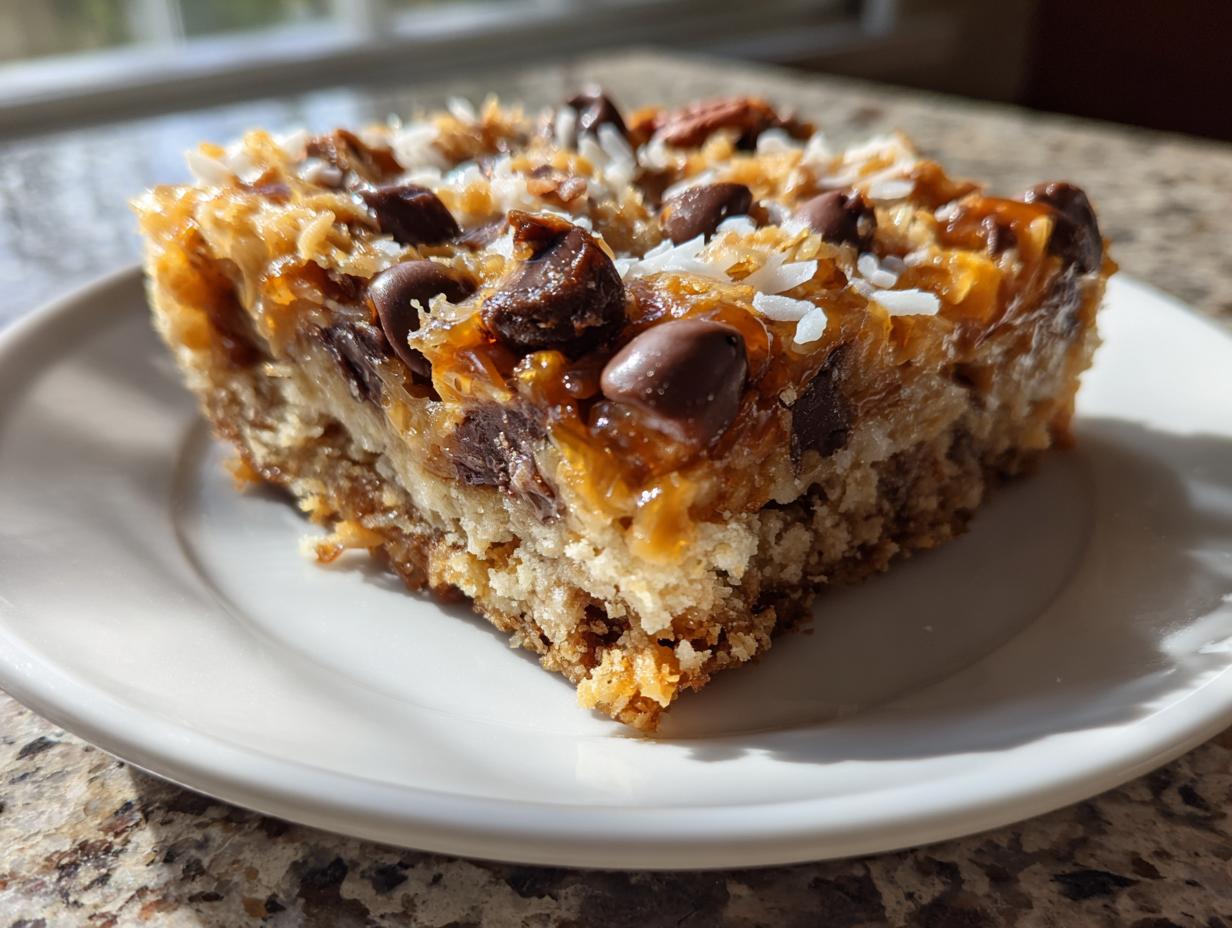 A close-up of a rich, gooey slice of magic cookie bars topped with chocolate chips and coconut flakes.