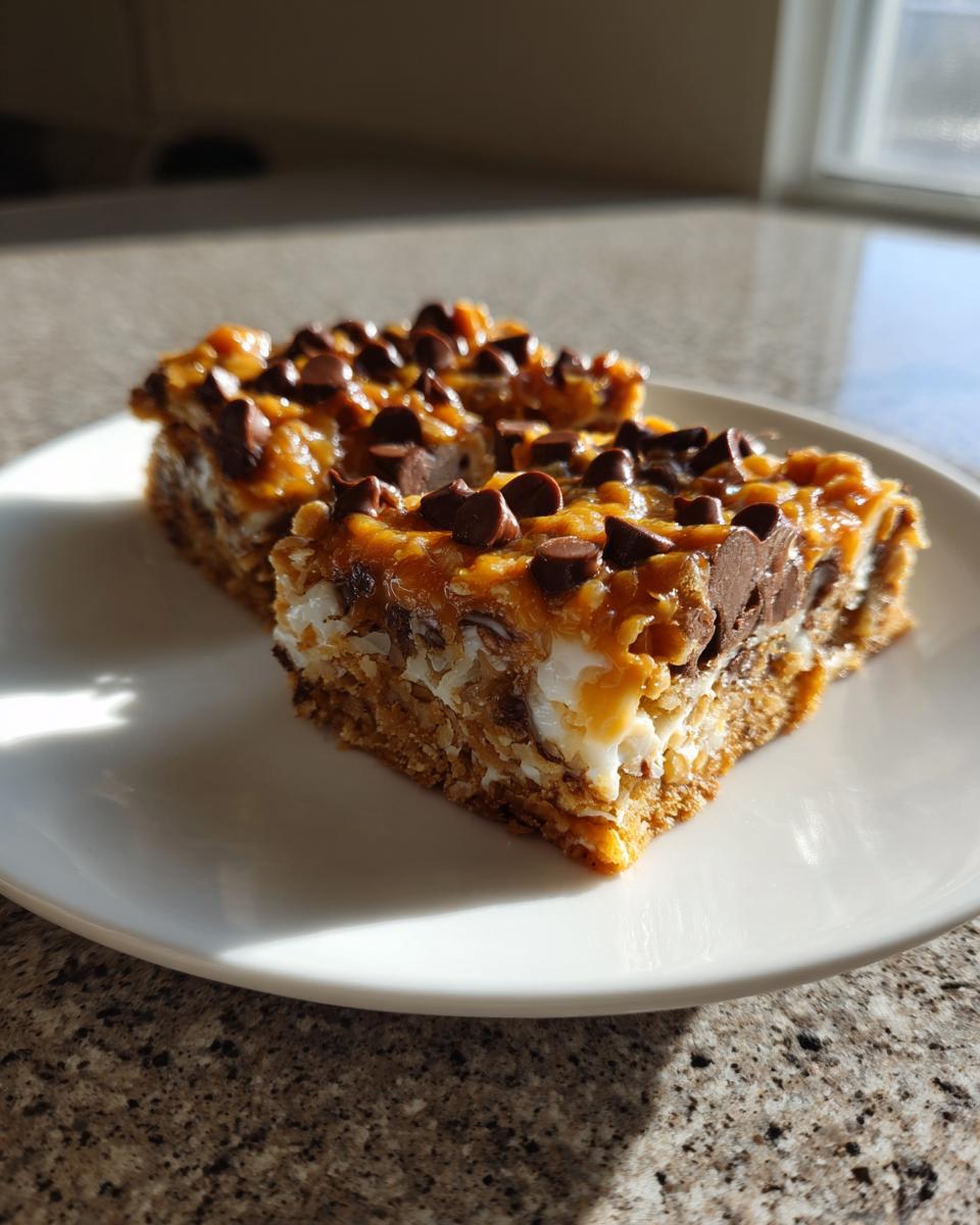 Two squares of gooey magic cookie bars topped with melted caramel and chocolate chips on a white plate.