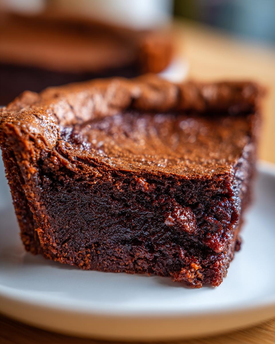 Close-up of a rich, dark, gooey slice of amazing fudge pie sitting on a white plate.