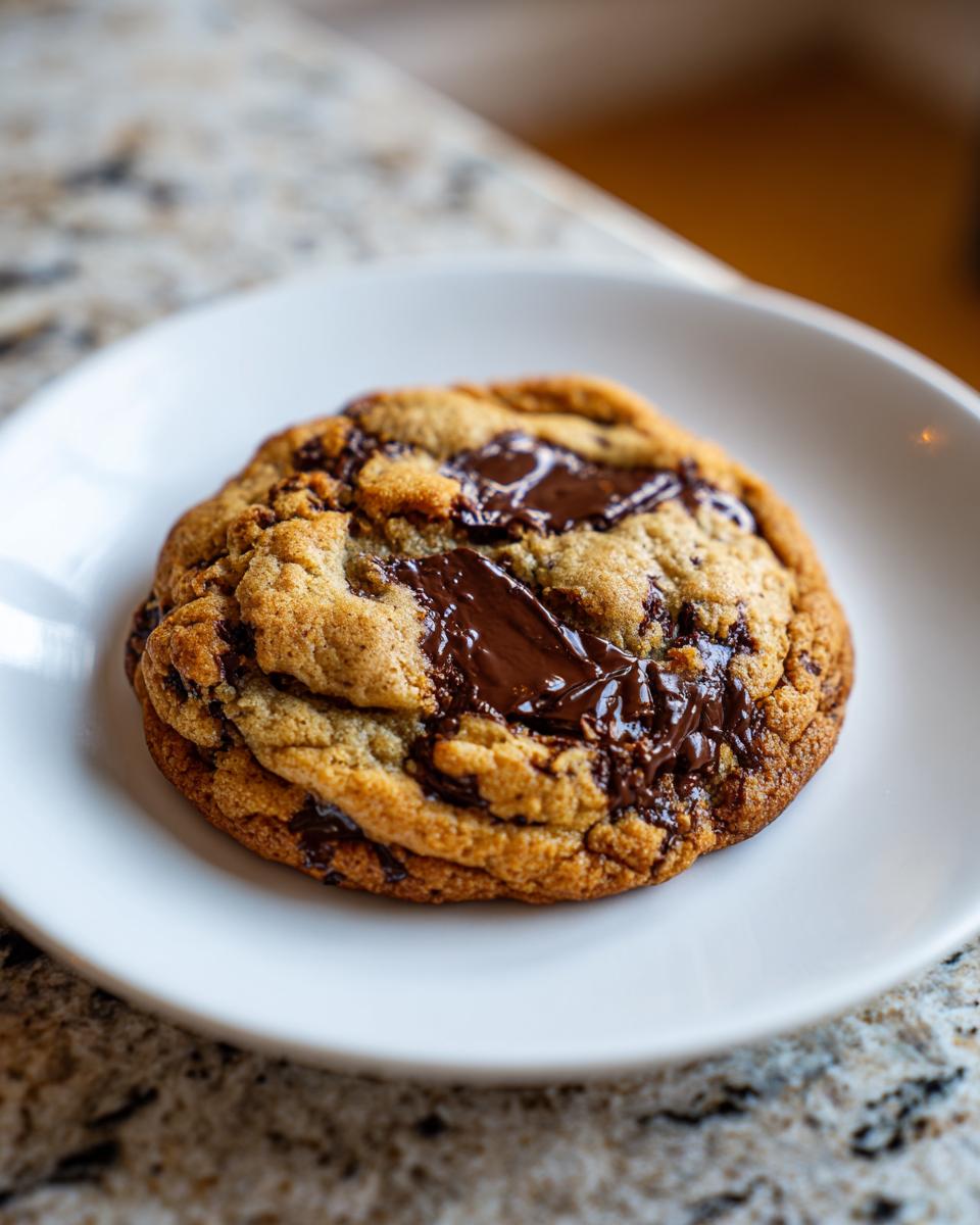 A single, thick sourdough chocolate chip cookie with melted chocolate pools, served on a white plate.