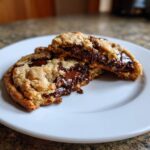 Close-up of two halves of a sourdough chocolate chip cookies showing melted, gooey chocolate centers.