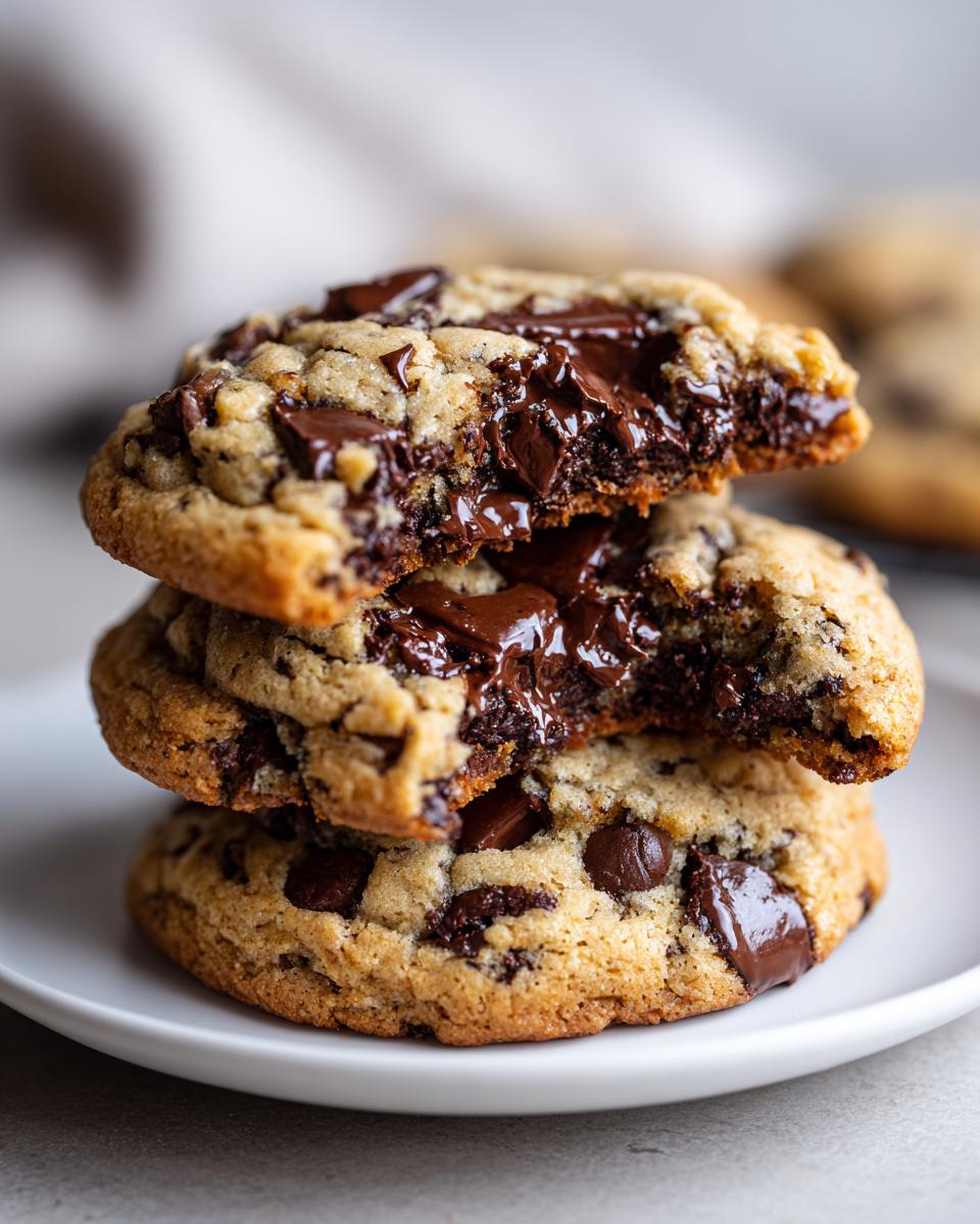 Stack of three gooey vegan chocolate chip cookies, with the top one broken open to show melted chocolate.