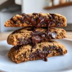 Three halves of vegan chocolate chip cookies stacked, showing gooey, melted chocolate dripping down the center.