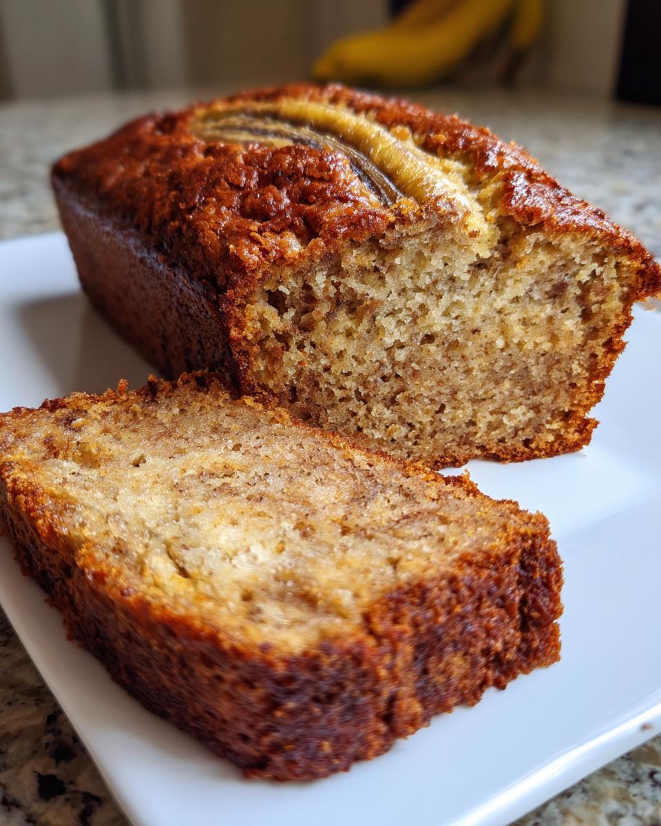 A loaf of moist greek yogurt banana bread, with one thick slice cut and resting in front.