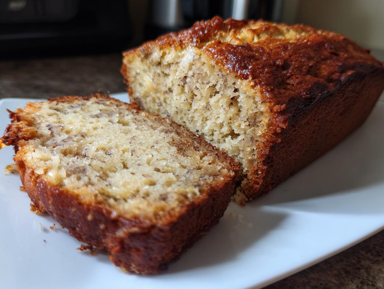 A freshly baked loaf of Greek yogurt banana bread with one thick slice cut and resting beside it on a white plate.