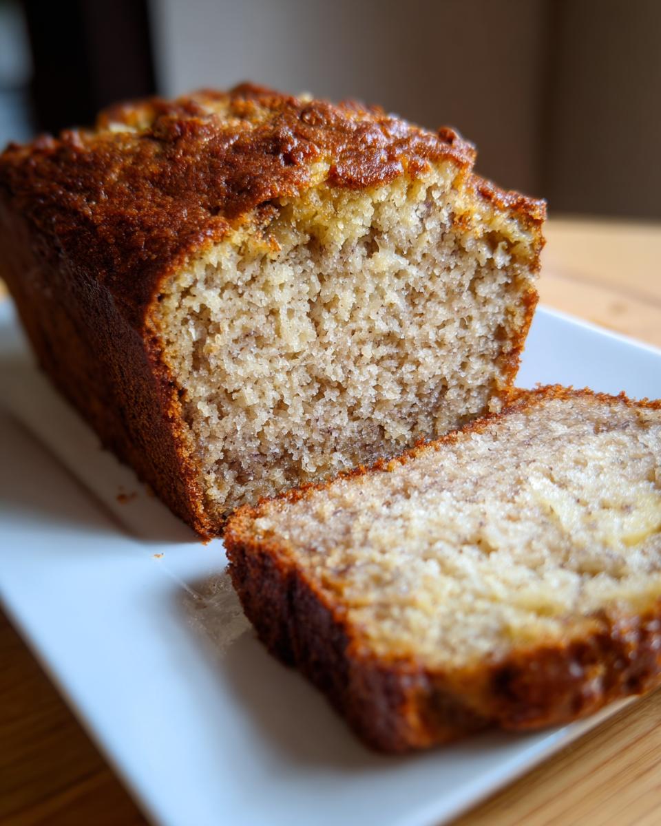 Close-up of a moist Greek yogurt banana bread loaf with one slice cut, showing the tender crumb texture.