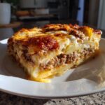 A thick, layered slice of hamburger potato casserole with browned cheese topping on a white plate.