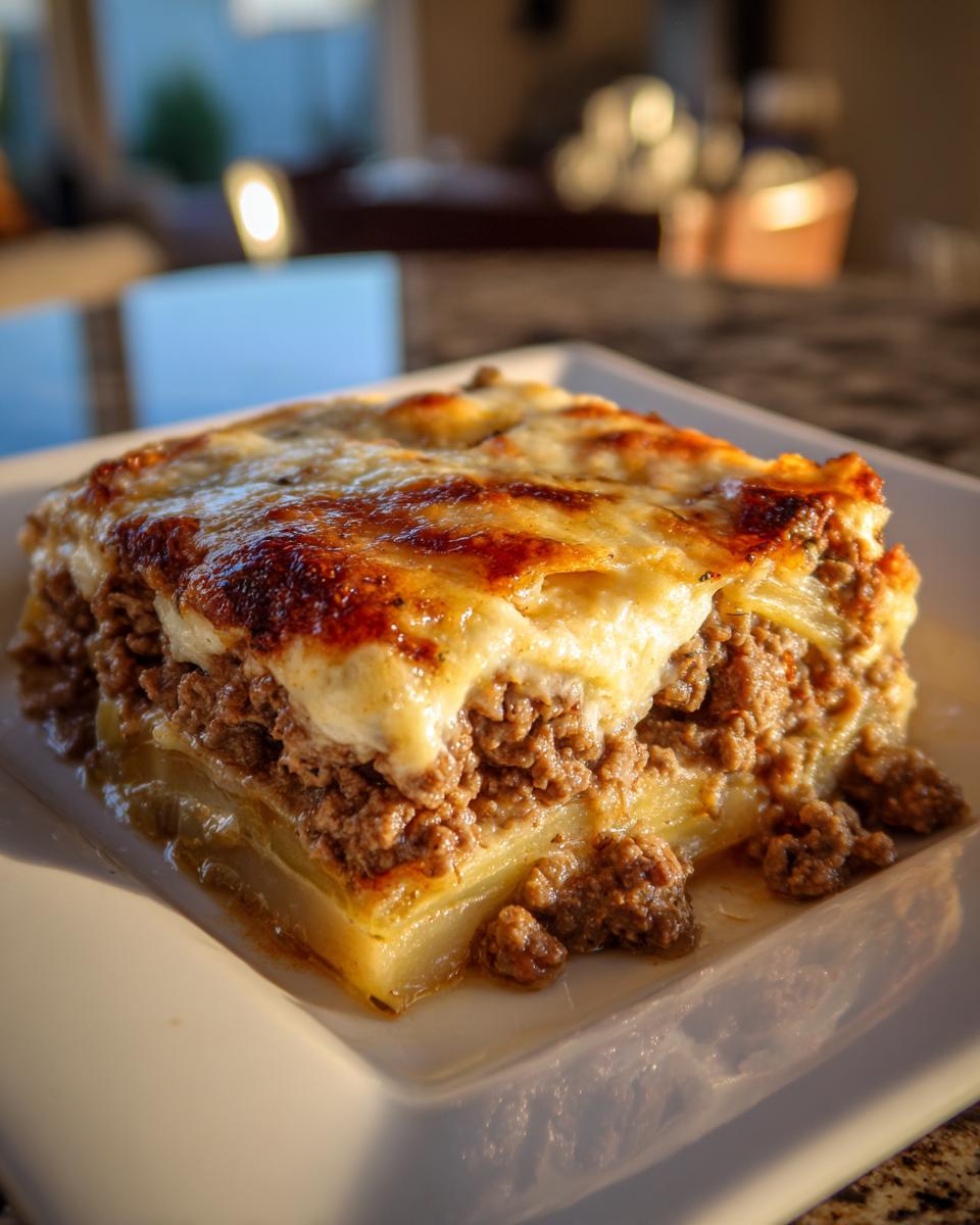 A close-up of a hearty slice of hamburger potato casserole showing layers of ground meat, potatoes, and a browned, cheesy topping.
