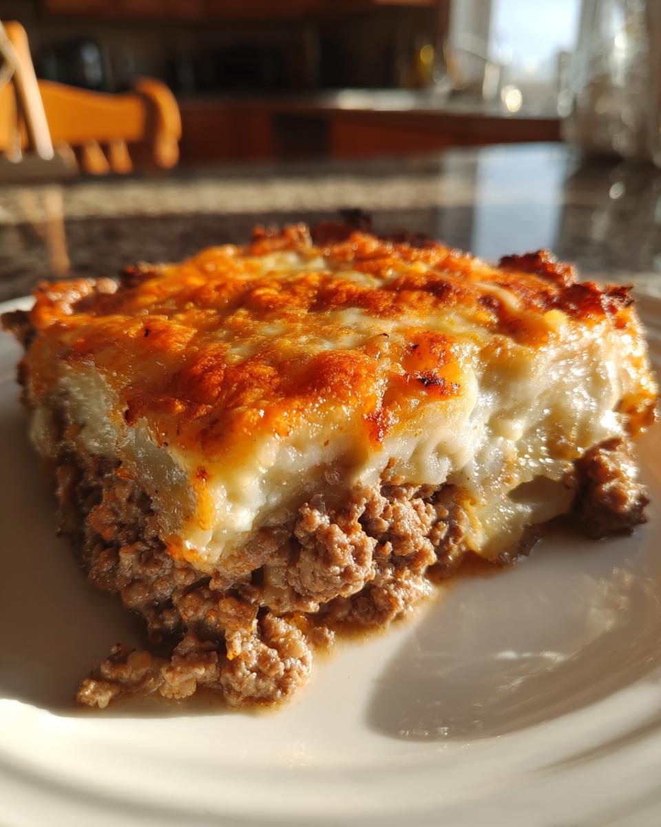 A close-up slice of hamburger potato casserole showing a layer of seasoned ground beef topped with creamy potatoes and golden melted cheese.