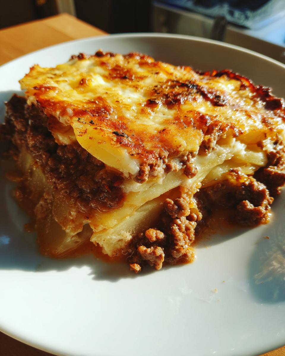 A close-up serving of hamburger potato casserole showing layers of sliced potatoes, ground beef sauce, and a browned, cheesy topping.