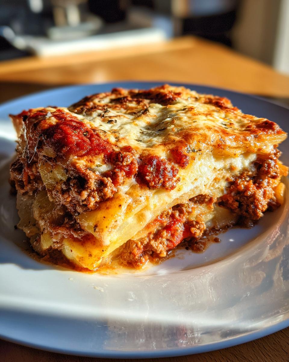 A close-up of a hearty slice of hamburger potato casserole layered with meat sauce and melted cheese.