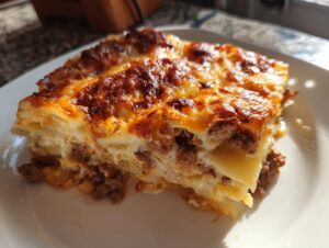 A close-up slice of hamburger potato casserole showing layers of potatoes, ground beef, and a golden, bubbly cheese topping.