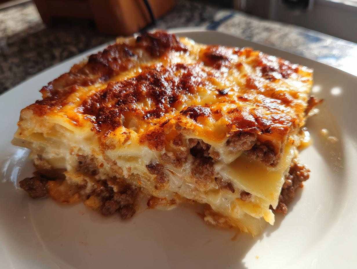 A close-up slice of hamburger potato casserole showing layers of potatoes, ground beef, and a golden, bubbly cheese topping.
