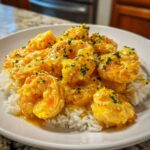Close-up of vibrant hawaiian garlic shrimp coated in a rich, yellow sauce, served over a bed of white rice and garnished with parsley.