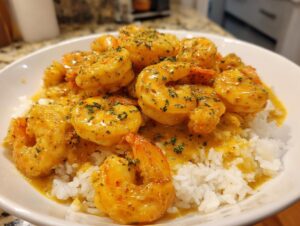 Close-up of vibrant Hawaiian garlic shrimp coated in a rich, buttery sauce, served over white rice.