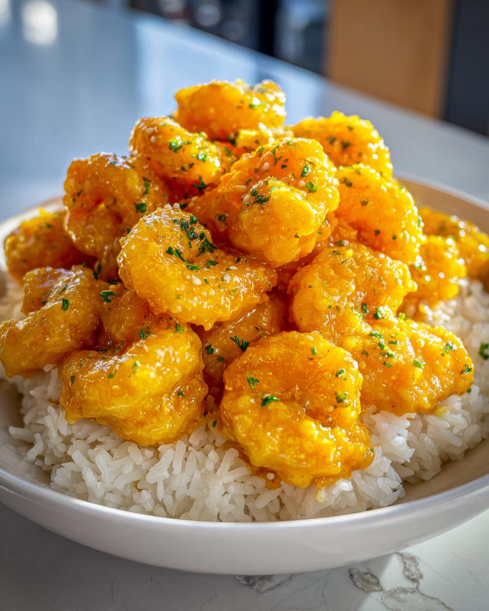 A close-up of a bowl overflowing with saucy, golden Hawaiian garlic shrimp served over fluffy white rice.