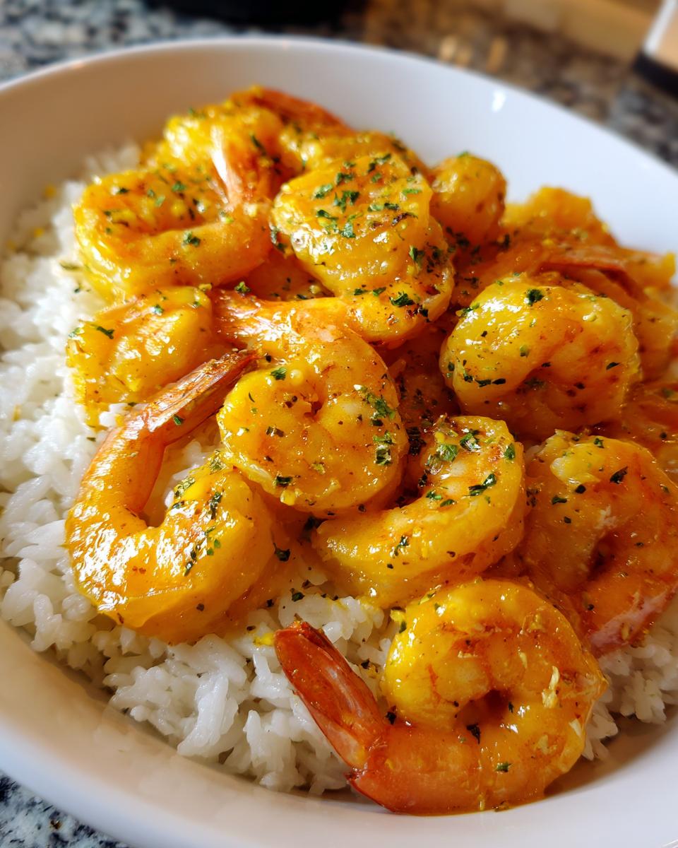 Close-up of vibrant orange hawaiian garlic shrimp coated in sauce and sprinkled with herbs, served over a bed of fluffy white rice.