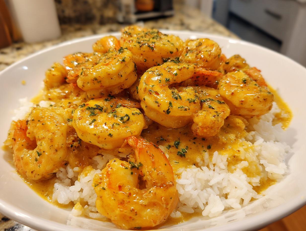 Close-up of vibrant Hawaiian garlic shrimp coated in a rich, buttery sauce, served over white rice.