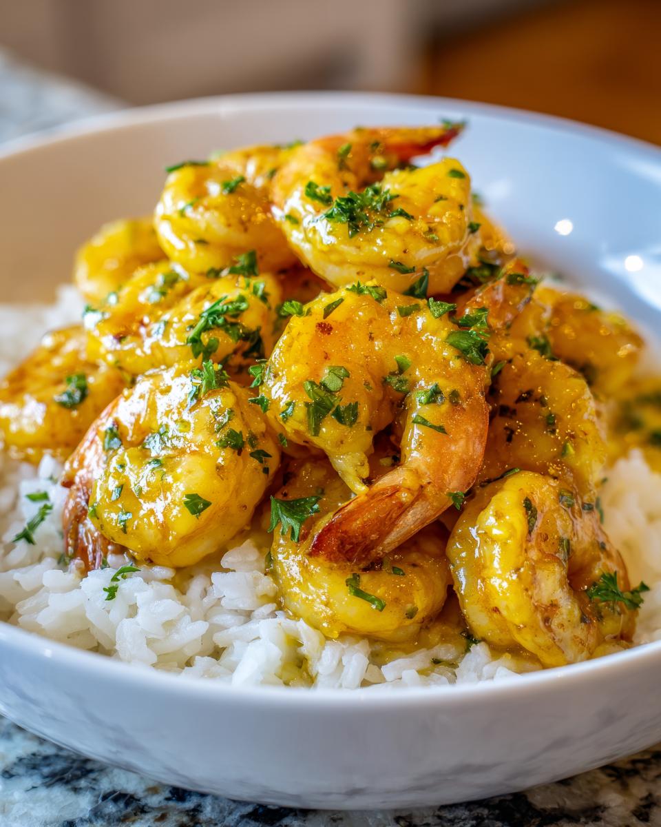 Close-up of juicy hawaiian garlic shrimp coated in a rich, yellow sauce and topped with chopped parsley, served over white rice in a bowl.