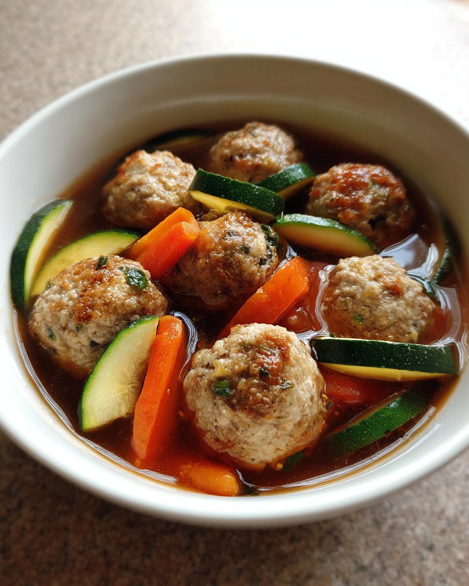 Close-up of a white bowl filled with flavorful albondigas soup featuring meatballs, sliced zucchini, and carrots in a rich broth.