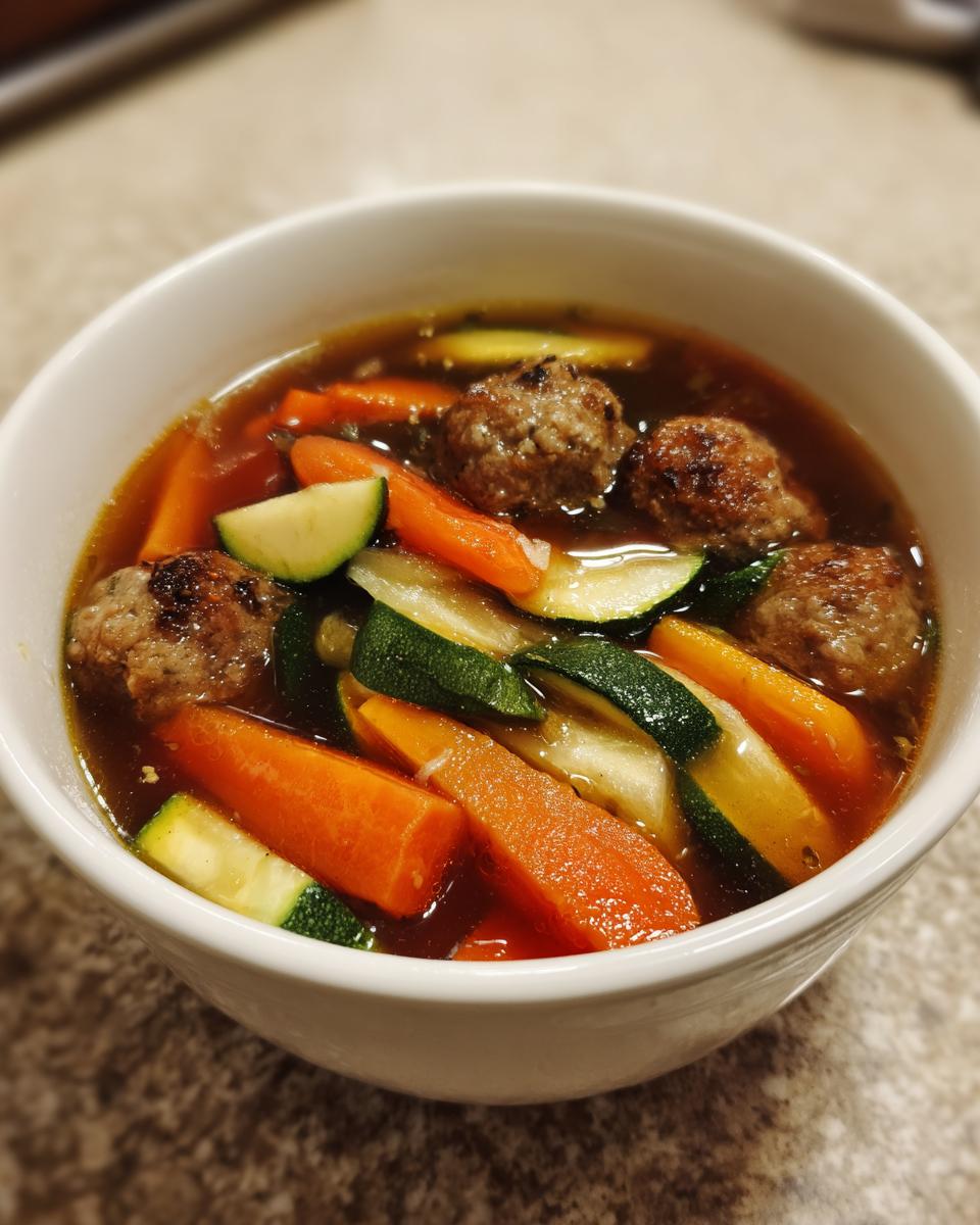 A close-up of a white bowl filled with flavorful albondigas soup featuring meatballs, sliced carrots, and zucchini.