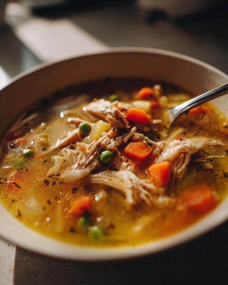 Close-up of a bowl of hot turkey soup filled with shredded turkey, carrots, peas, and herbs.