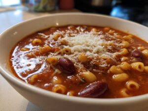 Close-up of a white bowl filled with rich, tomato-based pasta e fagioli topped with grated Parmesan cheese.
