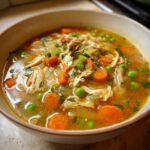 Close-up of a steaming bowl of turkey soup filled with shredded turkey, carrots, peas, and celery.