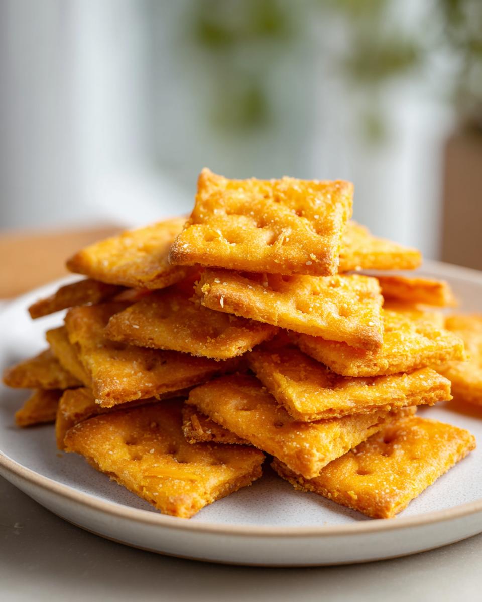 A tall stack of golden, square homemade cheese crackers sprinkled with salt on a light gray plate.