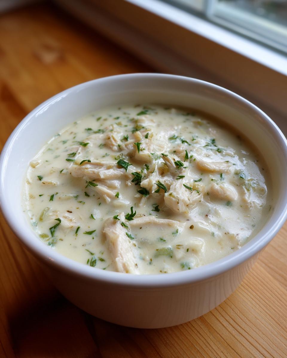 Close-up of a white bowl filled with rich, creamy homemade cream of chicken soup, topped with shredded chicken and fresh parsley.