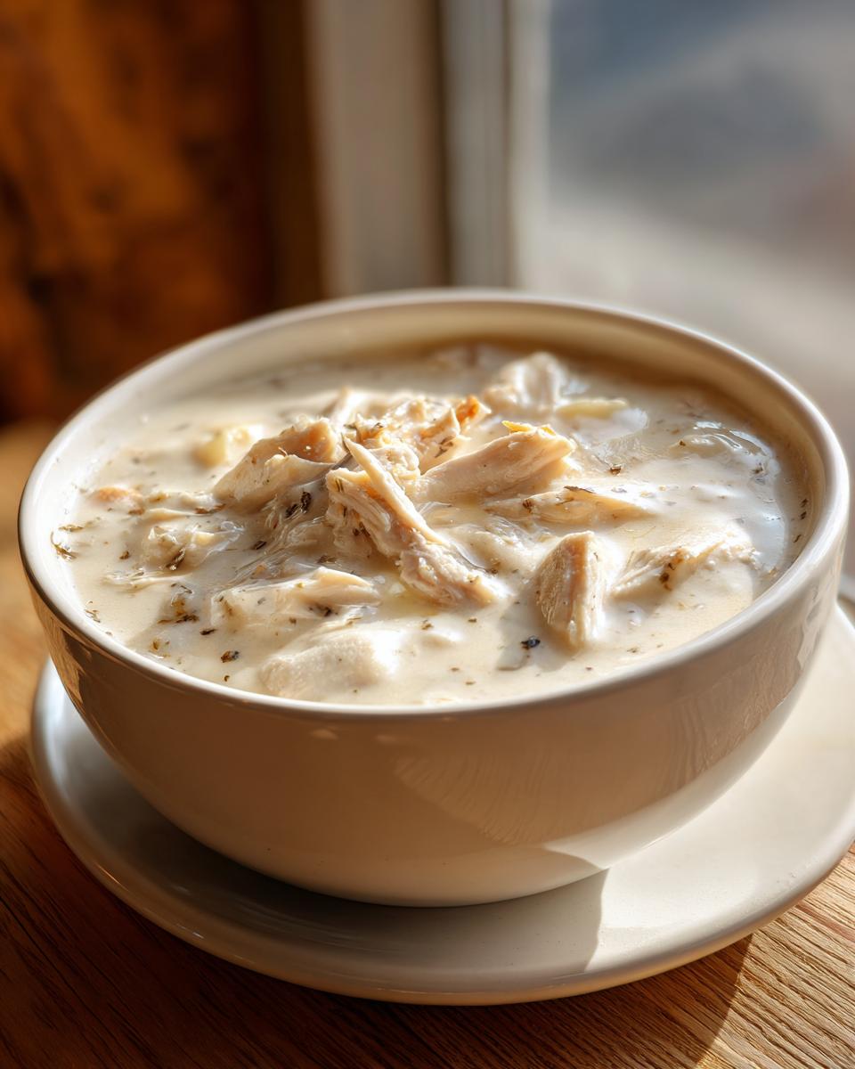 Close-up of a white bowl filled with rich homemade cream of chicken soup topped with shredded chicken pieces.