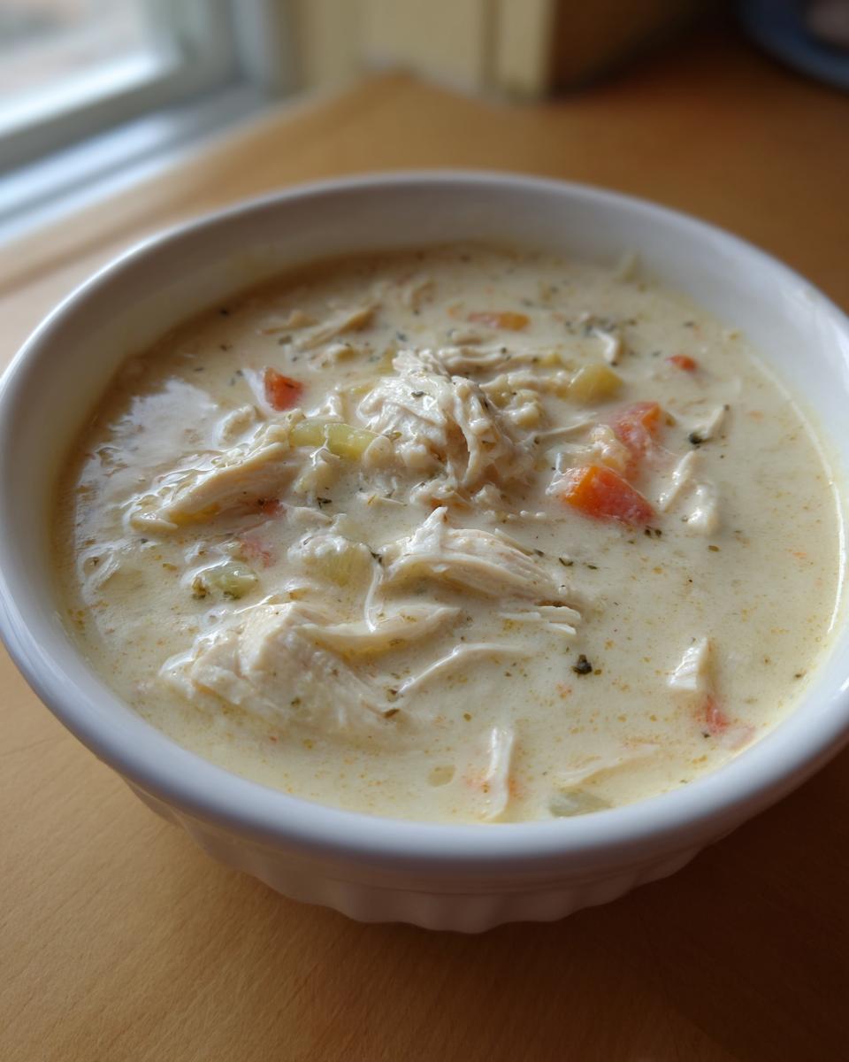 Close-up of a white bowl filled with rich, creamy cream of chicken soup featuring shredded chicken and diced vegetables.