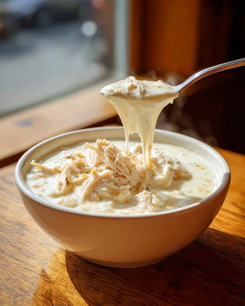 A spoonful of thick, creamy homemade cream of chicken soup with shredded chicken is lifted from a white bowl.